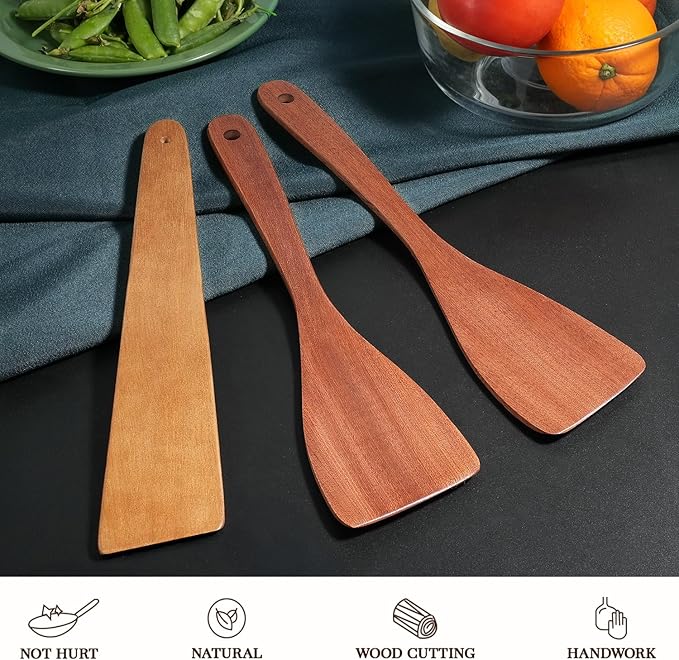 3Pcs Wooden Spatulas, 12inch Long Handle Flat Spatula Set for Nonstick Pans, Multipurpose Wooden Spoons for Cooking, Wood Cooking Utensil for Frying, Flipping, Scraping, and Turning