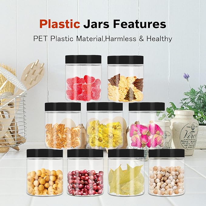 Plastic Jars with Lids 48 Pcs 8 oz & 3.4 oz Clear Plastic Slime Storage Jars Containers with Airtight Black Screw On Lids Cylinder Clear Round Jar Easy Clean Food Grade Durable Jar
