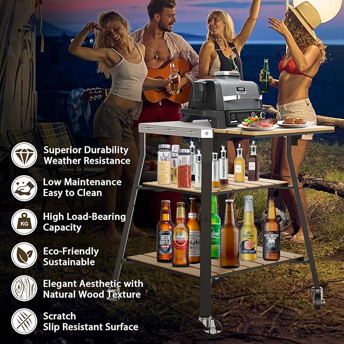 Pizza Oven Stand & Shelf for Solo Stove Pi Pizza Oven, Outrdoor XSKUNStand for Ninja Woodfire, Kitchen Table for Cooking with Stainless Steel Top, WPC Storage Shelves, Lockable 360° Swivel Wheels