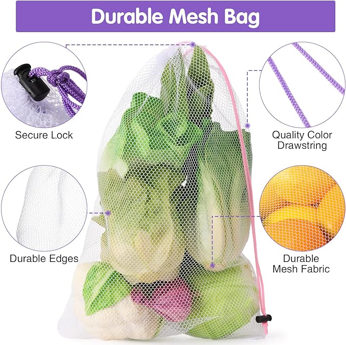 Frienda 20 Pcs Mesh Bags for Toys Storage 3 Sizes Reusable Produce Bags with Drawstring for Beach Bath Pool Toy Organizer, Fruits Vegetable Grocery Playroom Storage(Pink, Purple, Rose Red)