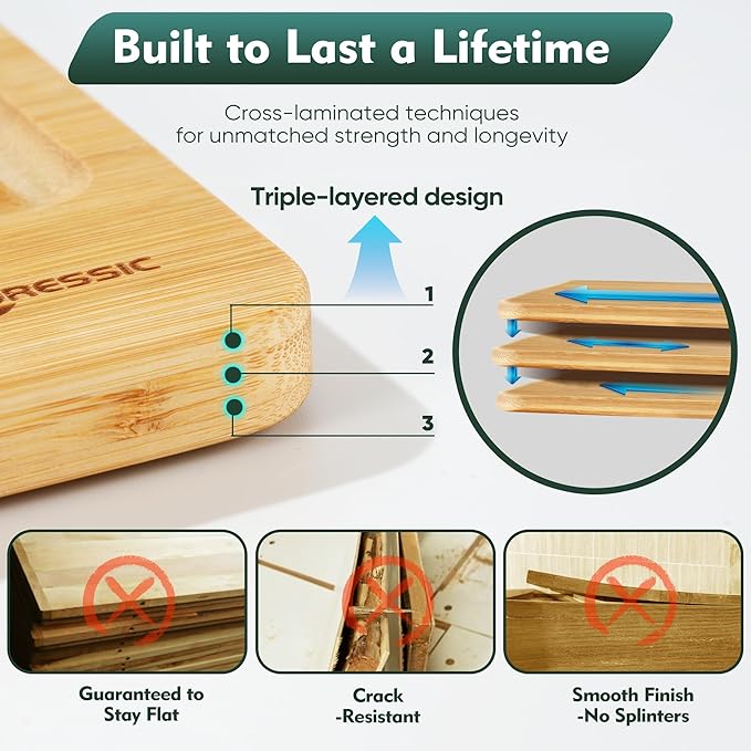 Bamboo Cutting Board, Durable Wood Cutting Boards for Kitchen Set 3 Packs with Non Slip Feet Holder and Over Sink Solid Thick Reversible Large Big Small Vegetables Fruits Kitchen Gifts (Natural)