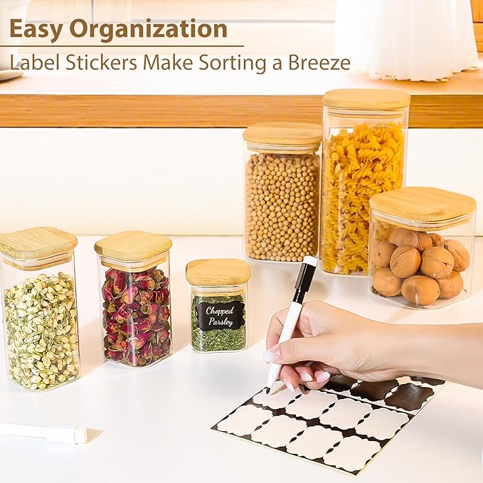 12 Pack 4 oz Square Glass Spice Jars with Lids and Labels – Airtight Small Seasoning Containers Set, Clear Glass Storage Jars for Seasoning, Spices, Kitchen Pantry Organization