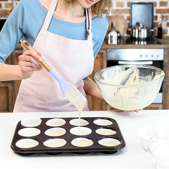 Wooden Handle Silicone Rubber Spatula Set for Kitchen Baking, Cooking, and Mixing High Heat Resistant Non Stick Dishwasher Safe BPA-Free Black+blue Set of 2 (Wooden handle spatula-Two-color)