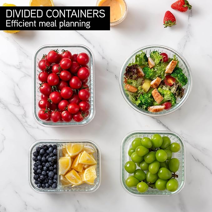 COOK WITH COLOR Premium 32-Pc. Borosilicate Glass Food Container Set with Dividers - 4 Rectangles, 8 Rounds, 4 Squares - Leakproof Lids - Meal Prep, Storage, Fluted Ombre Black