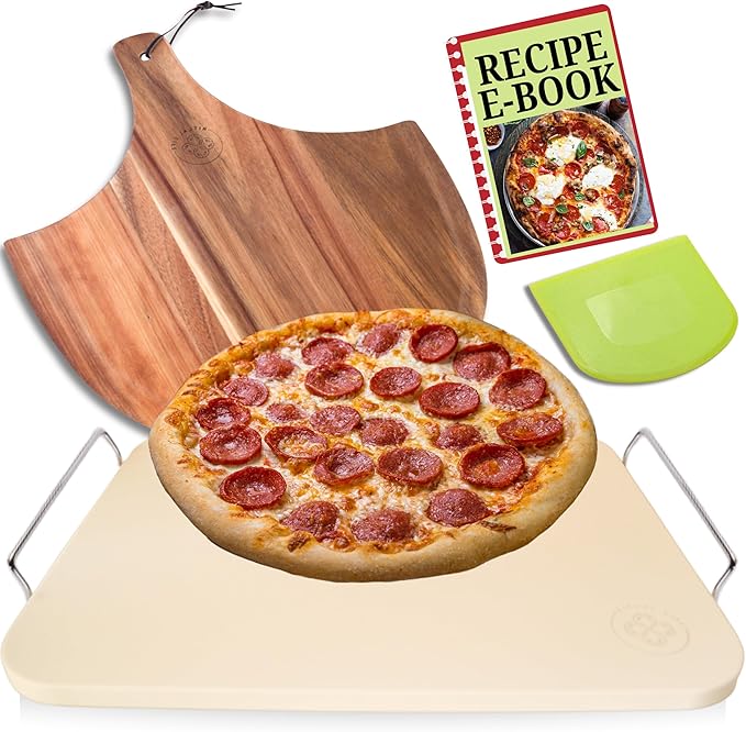 Pizza Stones for Oven - Pizza Stone for Grill with Handles, Wooden Peel and Dough Cutter - 15 inch x 12 inch Grilling Stones - Baking Stone for Bread - Pizza Making Set