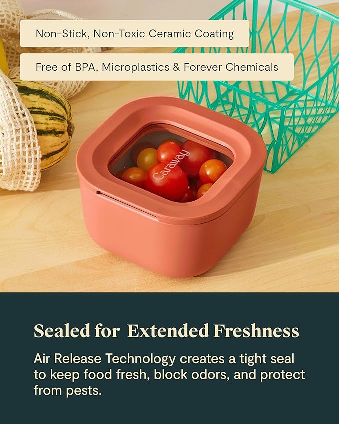 Caraway 6pc Food Storage Container Set - 1.75 Cup Glass Storage Container for Food (6) - Non-Toxic Ceramic-Coated Glass - Air Release Technology - Compact & Stackable Design - Mist