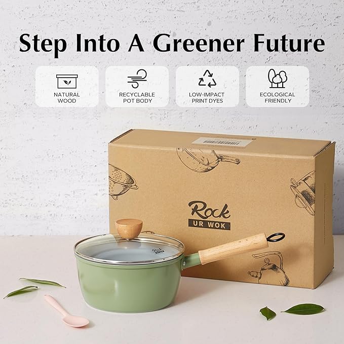 ROCKURWOK Ceramic Nonstick Sauce Pan with Lid, 1.5 Qt Small Pots for Cooking, Small Pot Wooden Handle for Cool Touch, Non Toxic & Pfas-Free Saucepan, Universal Base(Gas, Electric & Induction), Green