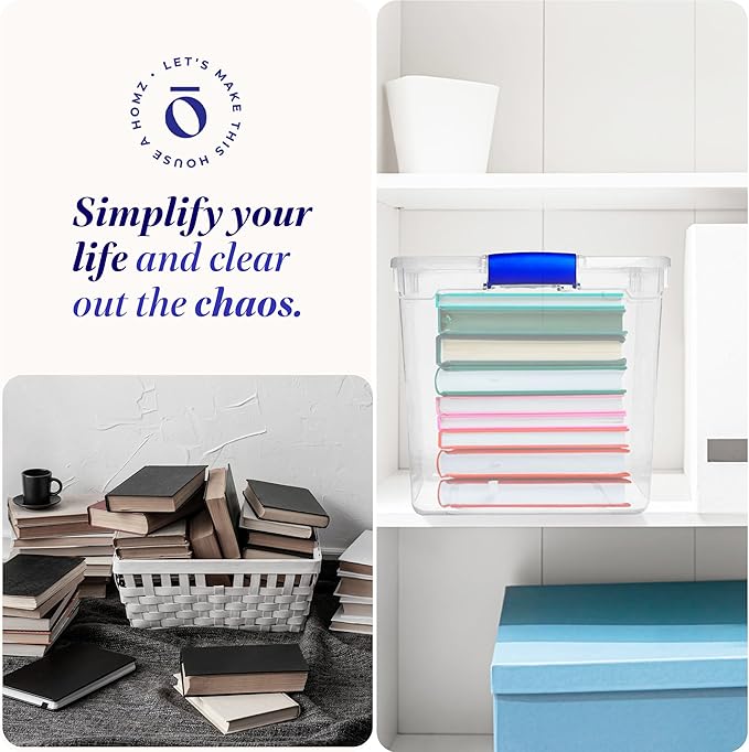 HOMZ 4-Pack Latching Lid, Large Clear Plastic Storage Bins with Lids, 31 Quart, Blue Latch - Stackable Container Boxes for Home, Bathroom, and Office Organization