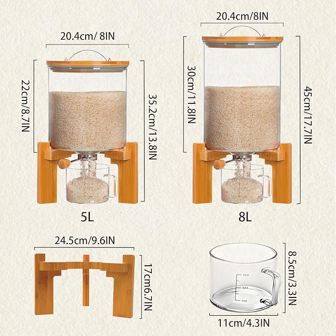 Rice Dispenser, Rice Storage Container, Flour and Cereal Container for Kitchen Organization and Pantry Store, Glass Cereal dispenser with Airtight Lid and Wooden Stand 8L