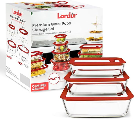 Glass Food Storage Containers with Glass Lids 3 Pack - Rectangle Meal Prep Food Container Set with Airtight Lids - Microwave & Dishwasher Safe 100% Plastic Free, Vented Gift Packaged, Red Color