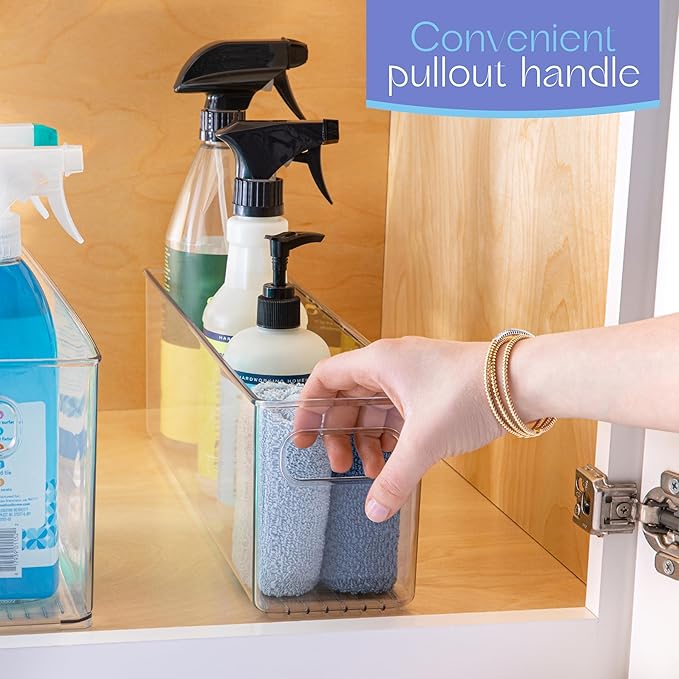 Plastic Food Storage Clear Container Bin with Handles for Organizing Kitchen, Pantry, Refrigerator, Freezer, Pantry, Cabinet, Closet, Bathroom. 14”x4”x5”