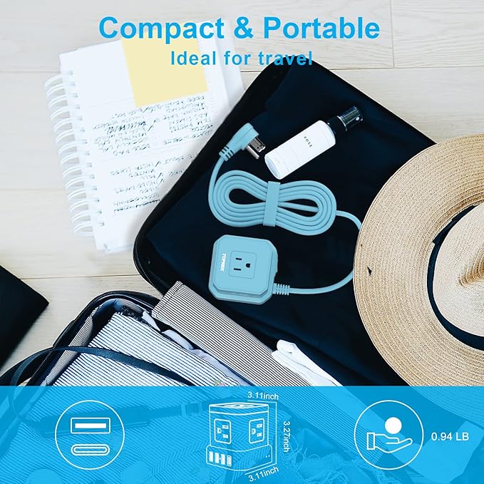 Power Strip with USB-C (3.0A), TOPREK Surge Protector (700J), TOPREK 10 FT Extension Cord with Flat Plug, 5 AC Outlets 4 USB, Desk Charging Station for Living Room, Nightstand, Office, Travel