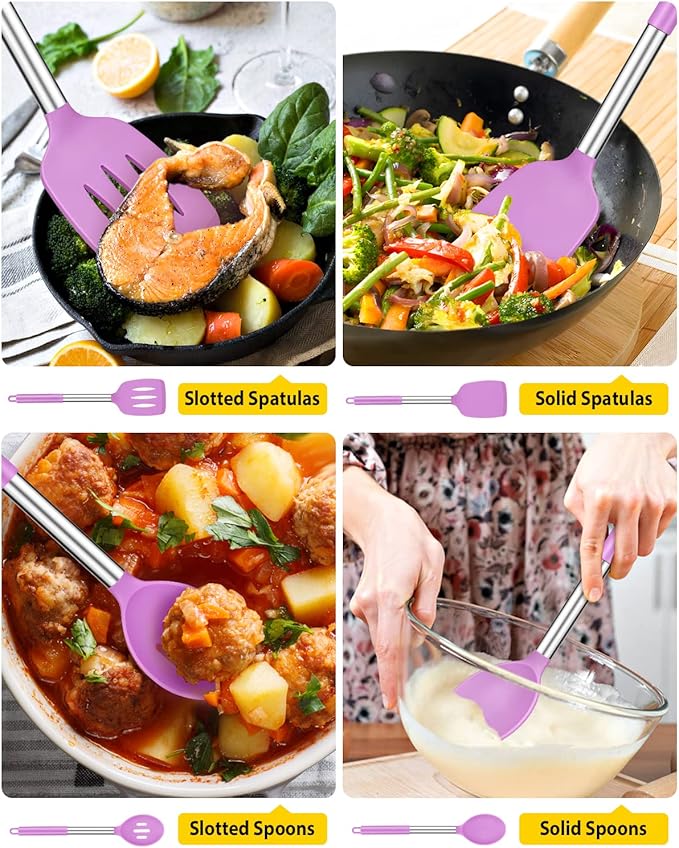 Pack of 4 Silicone Cooking Utensils Set, Non Stick Large Solid Spatulas, Heat Resistant Purple Slotted Spoons, Ideal BPA Free Kitchen Turners for Frying, Mixing,Serving,Draining,Turning,Stirring