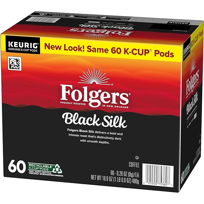 Folgers Black Silk Coffee, Dark Roast, Keurig K-Cup Pods, 10 Count Box (Pack of 6)