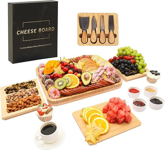 Charcuterie Board Set - Bamboo Cheese Board & Serving Tray with Stainless Steel Knives and Bowls, Housewarming Gifts New Home, Gift for Wedding Couple, Bridal Shower (NLB, 02)