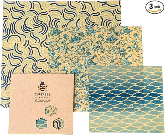 SUPERBEE Beeswax Wrap for Food, Set of 3 Bees Wax Wraps, Reusable for Wrapping Vegetables, Cheese Paper, Bowl Covers and Sandwich Wrapping Paper, Beeswax Food Wrap (Ocean)