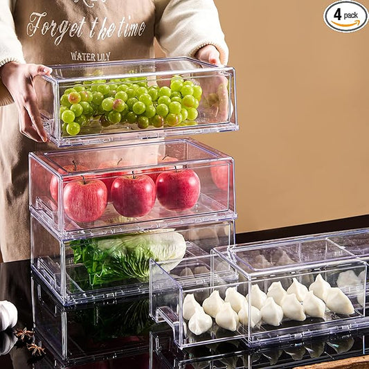 PeJeyiee 4 Pack Clear Stackable Refrigerator Organizers and Storage Drawers - Pull-Out Fridge Bins with Anti-Slip Base & Easy Clean, Plastic Organizers for Kitchen Pantry Cabinet Closet (Large)