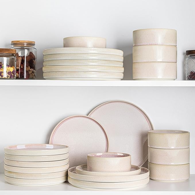 TheTerra Ceramic Dinnerware Sets for 6, 18 Pieces Porcelain Lightweight Speckled Plates and Bowls Sets, Scratch Resistant Dish Set, Oven & Microwave & Dishwasher Safe, Primrose Pink