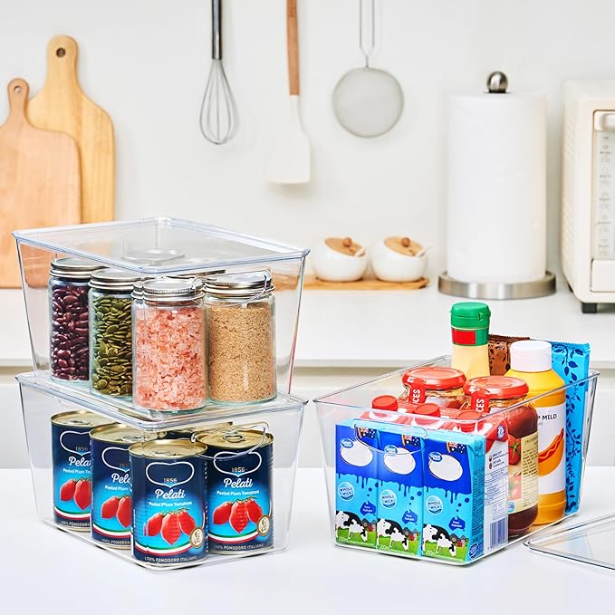 theaoo Clear Storage Bins with Lids Stackable - Large Plastic Containers for Pantry Organization and Storage - Perfect for Kitchen,Fridge,Laundry Room,Bathroom,Garage,Closet,Cabinet Organizer - 6 Pack