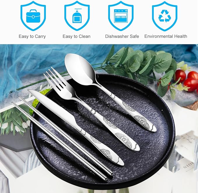 20PCS Premium Travel Utensils With Case, Stainless Steel Reusable Portable Utensils Set With Case, Lengnoyp Travel Silverware Set With Case for Lunch Box Camping, Silver