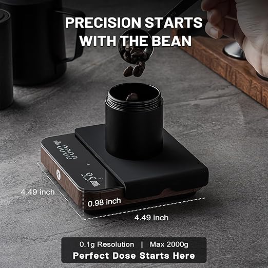 KitchenTour CaféMetric Coffee Scale with Timer 0.1g/2000g - Precision Scale for Espresso & Pour Over - Water Flow Speed Mode and Coffee Powder-to-Liquid Ratio Mode - Rechargeable, LCD Display-Wood