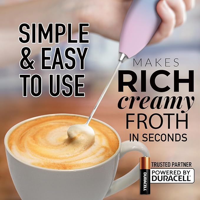 Zulay Kitchen Handheld Milk Frother with Duracell AA Batteries – Ultra Fast Electric Mixer & Foam Maker, Easy-Clean Drink Mixer for Coffee & More - Lavender