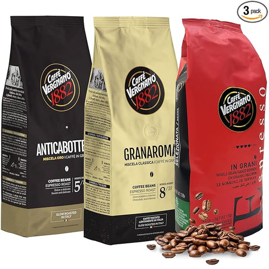Caffe Vergnano 1882 Granaroma, Espresso, & Antica Bottega Whole Bean Arabica Medium Espresso Roast Coffee, 1.1lbs Bag - Italian Coffee Beans -500g Bag (3 Pk)