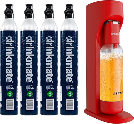 Drinkmate OmniFizz Sparkling Beverage Maker CO2 Bundle - Sparkling Water/Soda Streaming Machine That Carbonates Any Drink - Includes 4 CO2 Cylinders, 1 Carbonation Bottle, 1 Fizz Infuser - Royal Red