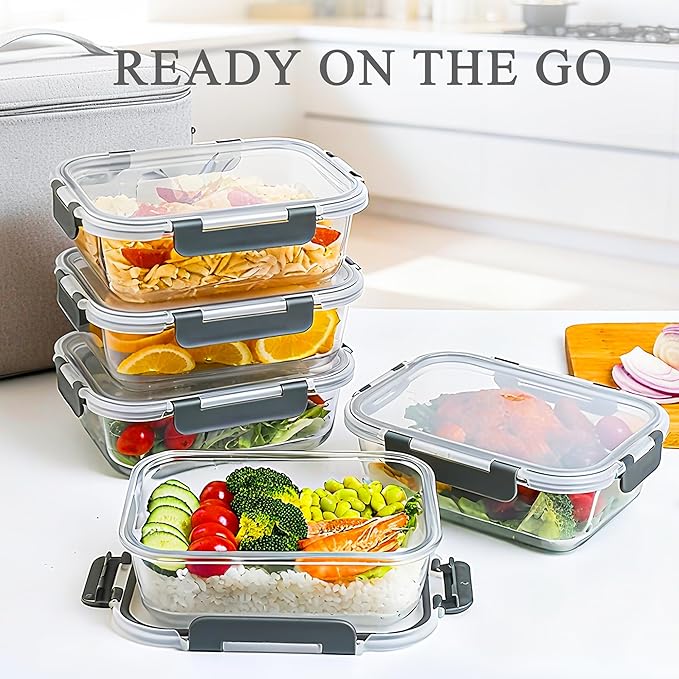 GEHE 5 Pack 36 Oz Glass Food Storage Containers with Lids, Glass Meal Prep Containers, Kitchen Airtight Lunch Storage Containers with Lids, Safe for Freezer, Oven, Dishwasher, BPA Free