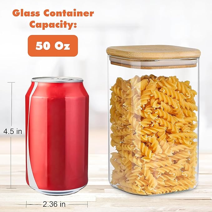 Glass Storage Containers with Airtight Bamboo Lids Set of 4,Pantry Food Storage Container,Perfect for Kitchen Organization-Flour, Rice, Pasta, Sugar, Coffee Beans, Accessories Included (4 packs(50oz))