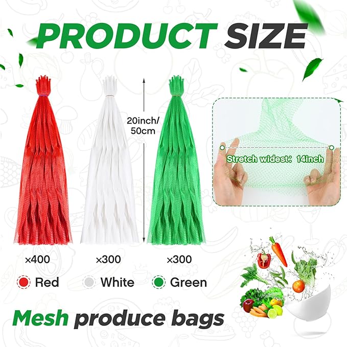 Windyun 1000 Pcs 20 Inch Reusable Mesh Nylon Netting Bulk, Fits Storage Egg Vegetable Seafood Fruits Bags Grocery Bags (Red, Green, White)