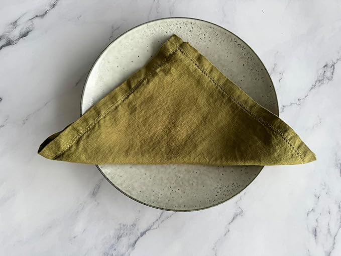 Hemstitched Linen Napkins – 20 Inch x 20 Inch – Stonewashed Pure Linen Cloth Dinner Napkins with Mitered Corners - 100% French Flax – Machine Washable - Set of 4 (Olive Green)