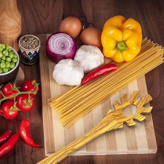 WONDERFUL 13.5 Inch Long Olive Wood Spaghetti and Pasta Server with Measurer, Ideal Spaghetti Server, Pasta Forks and Ladle