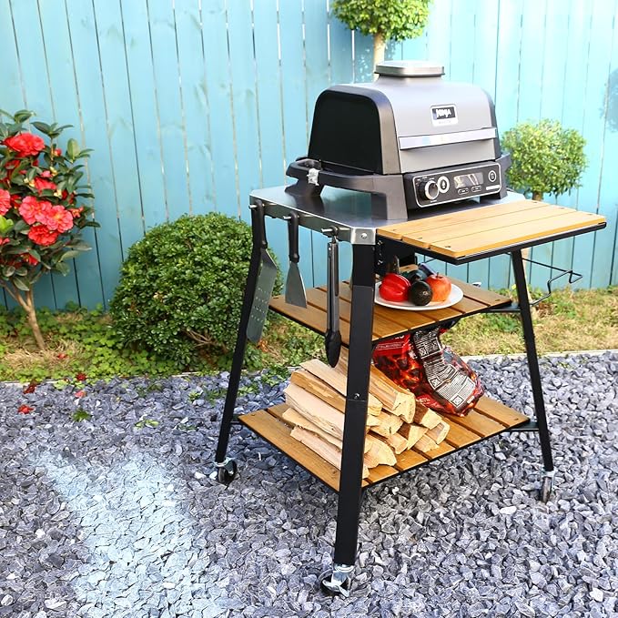 Pizza Oven Stand & Shelf for Solo Stove Pi Pizza Oven, Outrdoor XSKUNStand for Ninja Woodfire, Kitchen Table for Cooking with Stainless Steel Top, WPC Storage Shelves, Lockable 360° Swivel Wheels