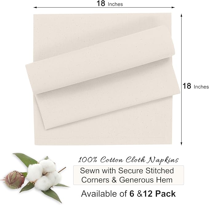 Ruvanti Cloth Napkins Set of 12, 18x18 Inches, Napkin Cloth Washable, Soft & ‎Absorbent 100% Cotton Napkins, Perfect for Wedding, Christmas, ‎Thanksgiving, and Dinner - Natural Color