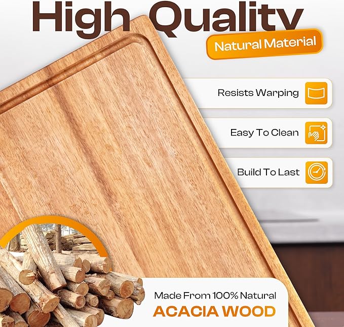 Premium Acacia Wood Cutting Board Set of 3 – Reversible Dual-Sided Boards for Chopping & Serving, 100% Natural Hardwood Butcher Blocks with Juice Groove, Multi-Size