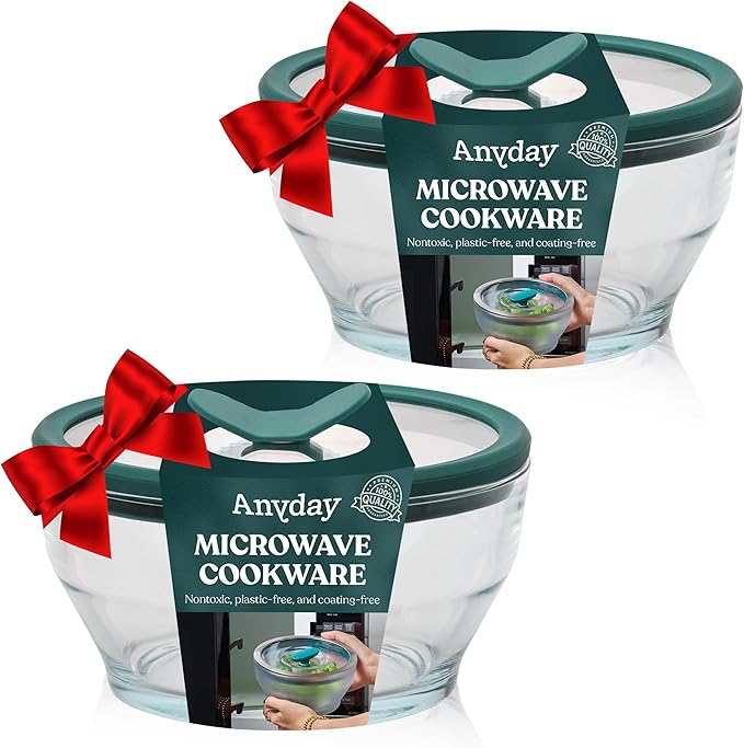 Anyday 2-Pack (4-Cup Deep) Glass Food Storage with Glass Lids | Plastic-Free Meal Prep & Microwave Cookware | Stackable Airtight Storage Container with Vented Lid for Microwave-Safe Reheating