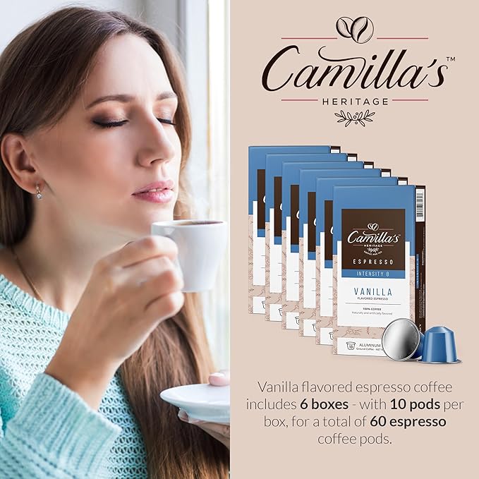 Camilla’s Heritage - Intensity 8 Vanilla Flavored Espresso Coffee, Gourmet Espresso Cups, 60 Coffee Pods