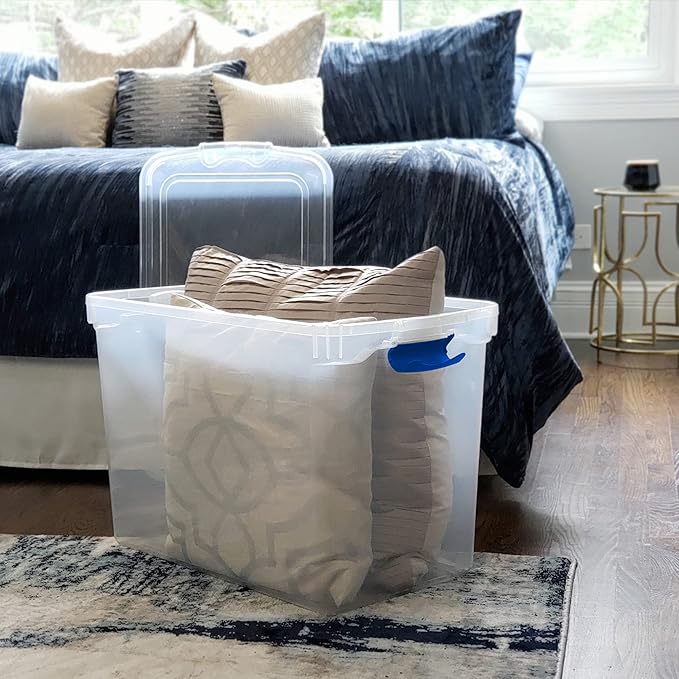 HOMZ 2-Pack Latching Lid, Clear Plastic Storage Organizer Bins, 112 Quart, Blue Latch - Stackable Organizing Containers for Home, Garage, and Office