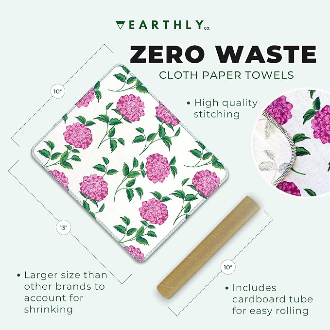 Reusable Paper Towels - 10 PACK - Roll of Washable Cotton Cloth Paper Towels - Paperless Reusable Napkins Cloth Washable - Absorbent + Long Lasting - Zero Waste Products - (Pink Hydrangea)