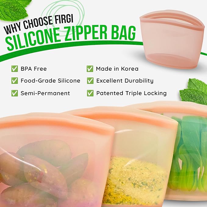 Reusable Silicone Food Storage Bags 3Set Airtight food Storage Containers Food Grade Silicone Snack Bags, BPA Free Food Storage Container, Microwave Safe, Sous Vide Container, Rose, 17oz+29oz+51oz