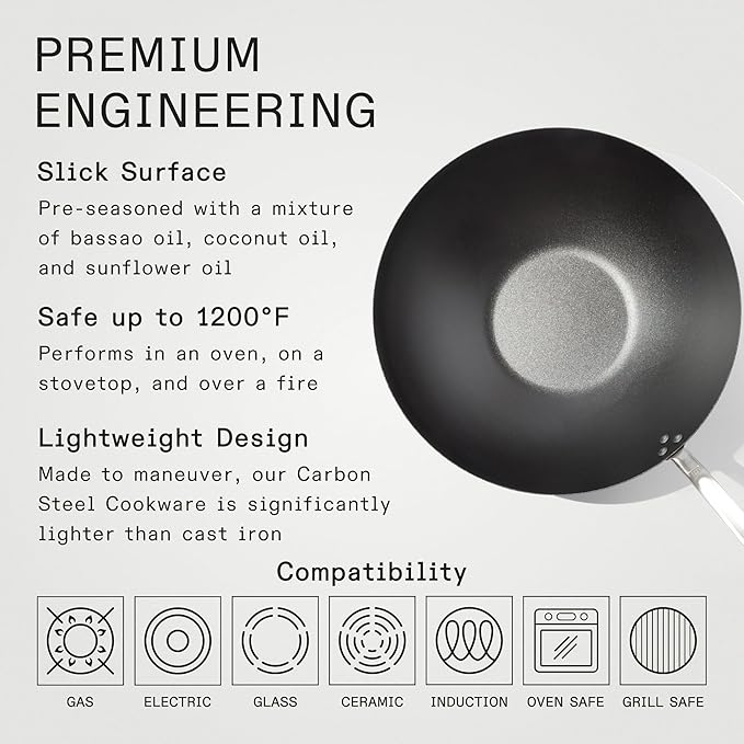 Made In Cookware - 13" Seasoned Carbon Steel Wok - (Like Cast Iron, but Better) - Professional Cookware - Crafted in Sweden - Induction Compatible