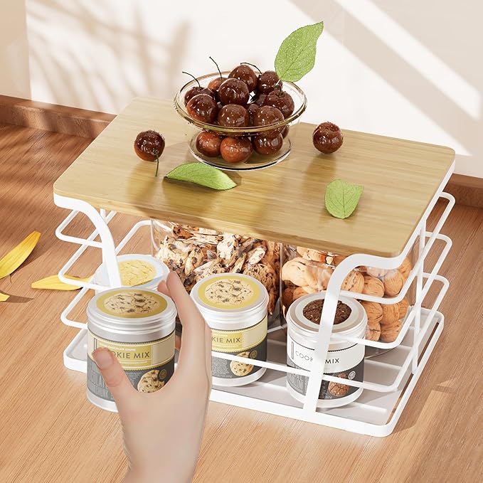 Pantry Organization & Kitchen Storage Containers - Stackable Fruit and Vegetable Storage with Lightweight PP Mat & Bamboo Top for Snacks, Produce,White