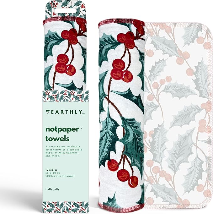 Reusable Paper Towels - 10 Pack - Roll of Washable Cotton Cloth Paper Towels - Paperless Reusable Napkins Cloth Washable - Absorbent + Long Lasting - Zero Waste Products - (Holly Jolly)