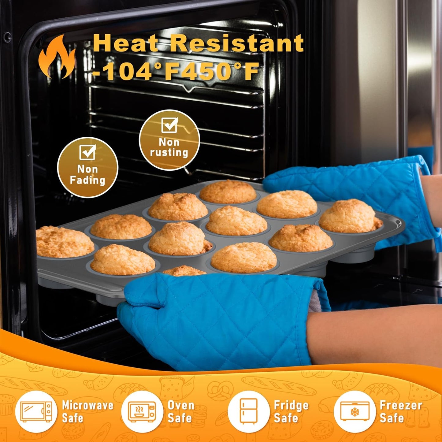 The Muffin Pan With Metal Frame & Foldable Sillicone Cups, Sturdy and Nonstick Muffin Pan Food Grade Silicone Molds (Grey, 1 Pack)