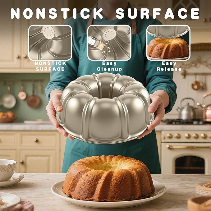 Bundt Cake Pan, 10-Inch Nonstick Round Fluted Tube Cake Baking Pan, Buntz Pound Cake Mold,Tube Bakeware,Baking Mold for Jello/Gelatin/Chocoflan/Flan, Non Toxic, Easy Clean - Gold