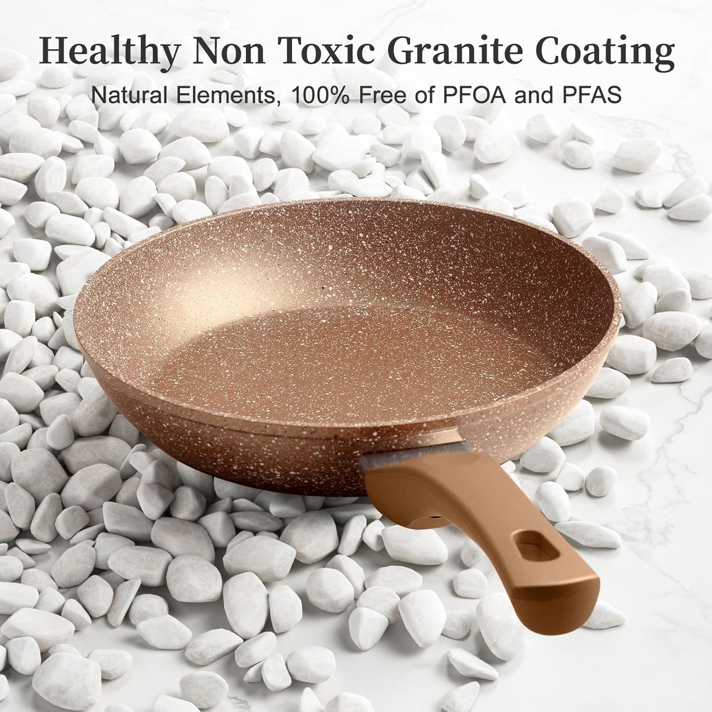 Healthy Nonstick Granite Cookware Set - 3 Pcs, Induction Skillets With Lids, PFOA Free, No Toxic Egg Omelette Frying Pan