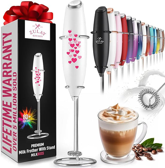 Zulay Kitchen Powerful Milk Frother Wand - Ultra Fast Handheld Drink Mixer - Electric Whisk Foam Maker for Coffee, Lattes, Cappuccino, Frappe, Matcha & Coffee Creamer - Milk Boss White with Hearts