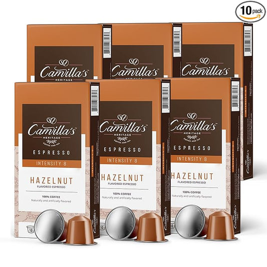 Camilla’s Heritage - Intensity 8 Hazelnut Flavored Espresso Coffee, Gourmet Espresso Cups, 60 Coffee Pods
