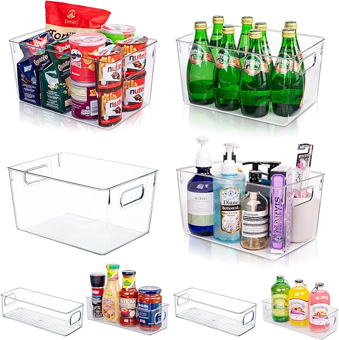 Clear Plastic Storage Bins-8 Pcs Pantry Organizers and Storage Containers with 4 Large (11"x8"x6") and 4 Small Snack Containers, Home Organization for Bathroom, Kitchen, Closet and Office